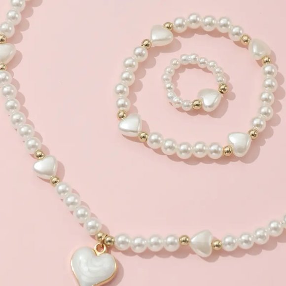 3pcs Heart Necklace Bracelet Ring Set Faux Pearl Jewelry Set - Picture 2 of 4